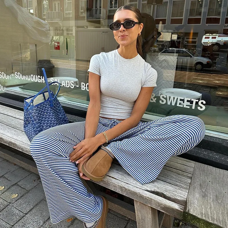 بنطلون مخطط غير رسمي 2025 جديد عالي الخصر برباط علوي فضفاض مستقيم الساق بنطلون ثنى الكلمة السراويل النسائية الخريف والشتاء #3