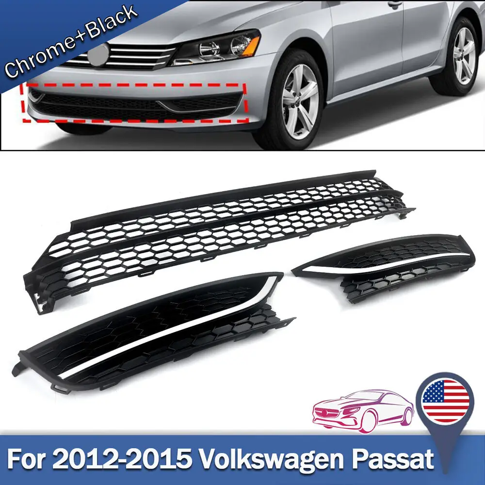 For 2012 2013 2014 2015 VW Passat Front Bumper Radiator Lower Grille & Fog Light Cover Set ABS Car Parts Replace