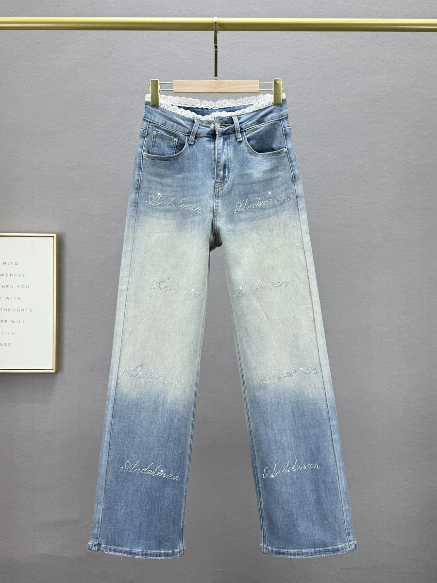 

Женские джинсы с высокой талией и прямыми штанинами, весна 2025, новые, с надписью и стразами, свободные, стройнящие, в пол