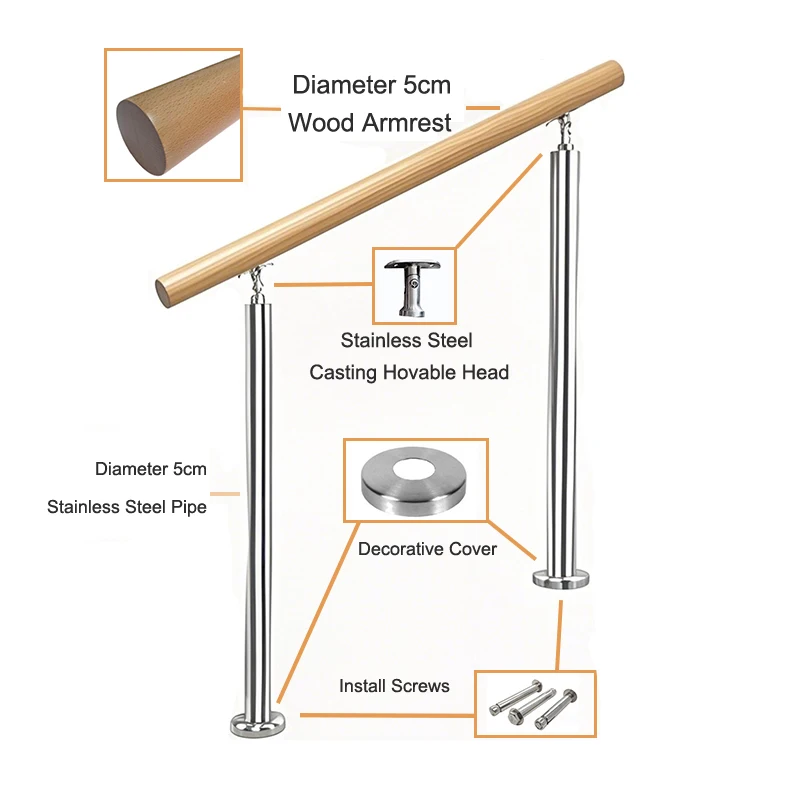 Indoor 2-Step Handrail Kit with 304 Stainless Steel Column And Solid Wood for Concrete Brick Or Wooden Staircase Railings