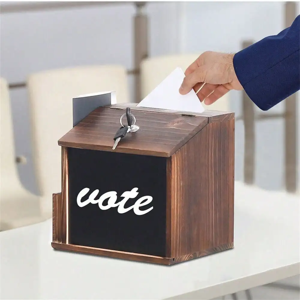 Free Standing Large Rustic Wooden Suggestion Box with Key and Lock Charity Donation Ballot Box 8.3x6.5x7.9 inch