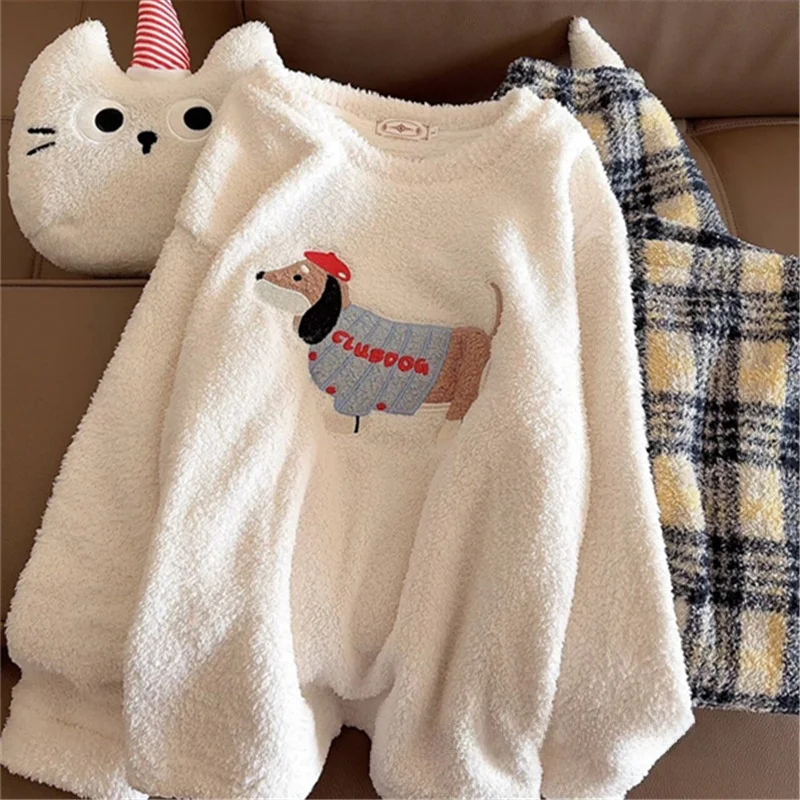 

Thickened Coral Fleece Pyjamas Women's Style Sausage Dog Half Velvet Winter Sleepwear Home Clothes Set Long Sleeve round Neck