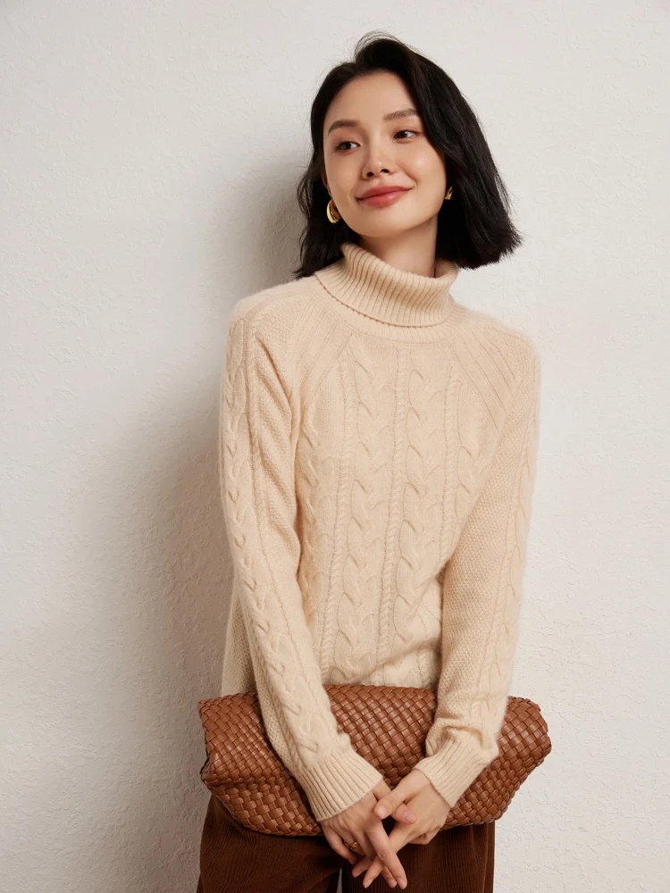 

Hot Sale 100% Cashmere Sweater Autumn Winter Women Turtleneck Pullover Twist Flower Knitwear Retro Thick Basic Long Sleeve Tops