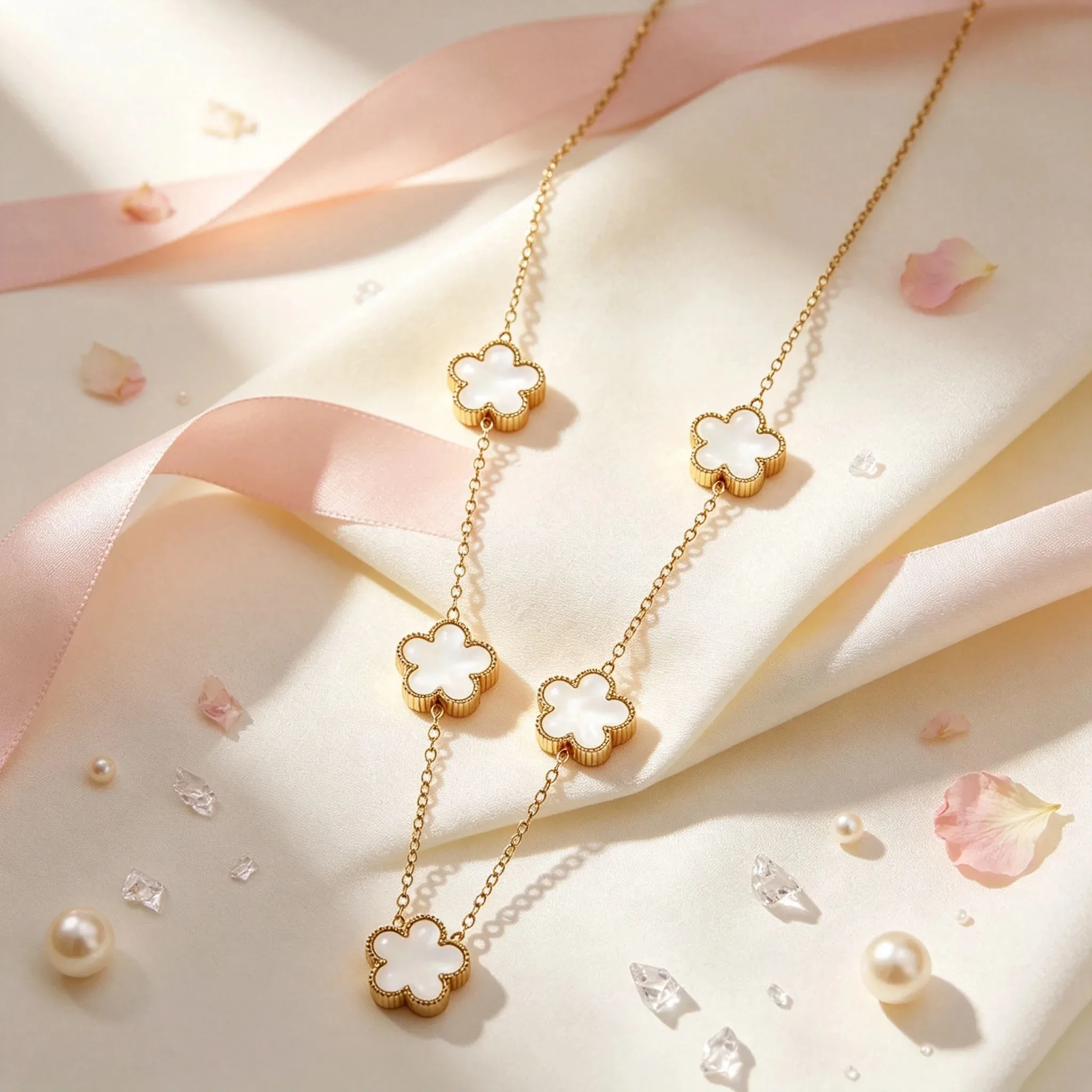 Lucky Five-Leaf Clover Garland Necklace with White Mother of Pearl, Gold Plated Stainless Steel Jewelry for Women
