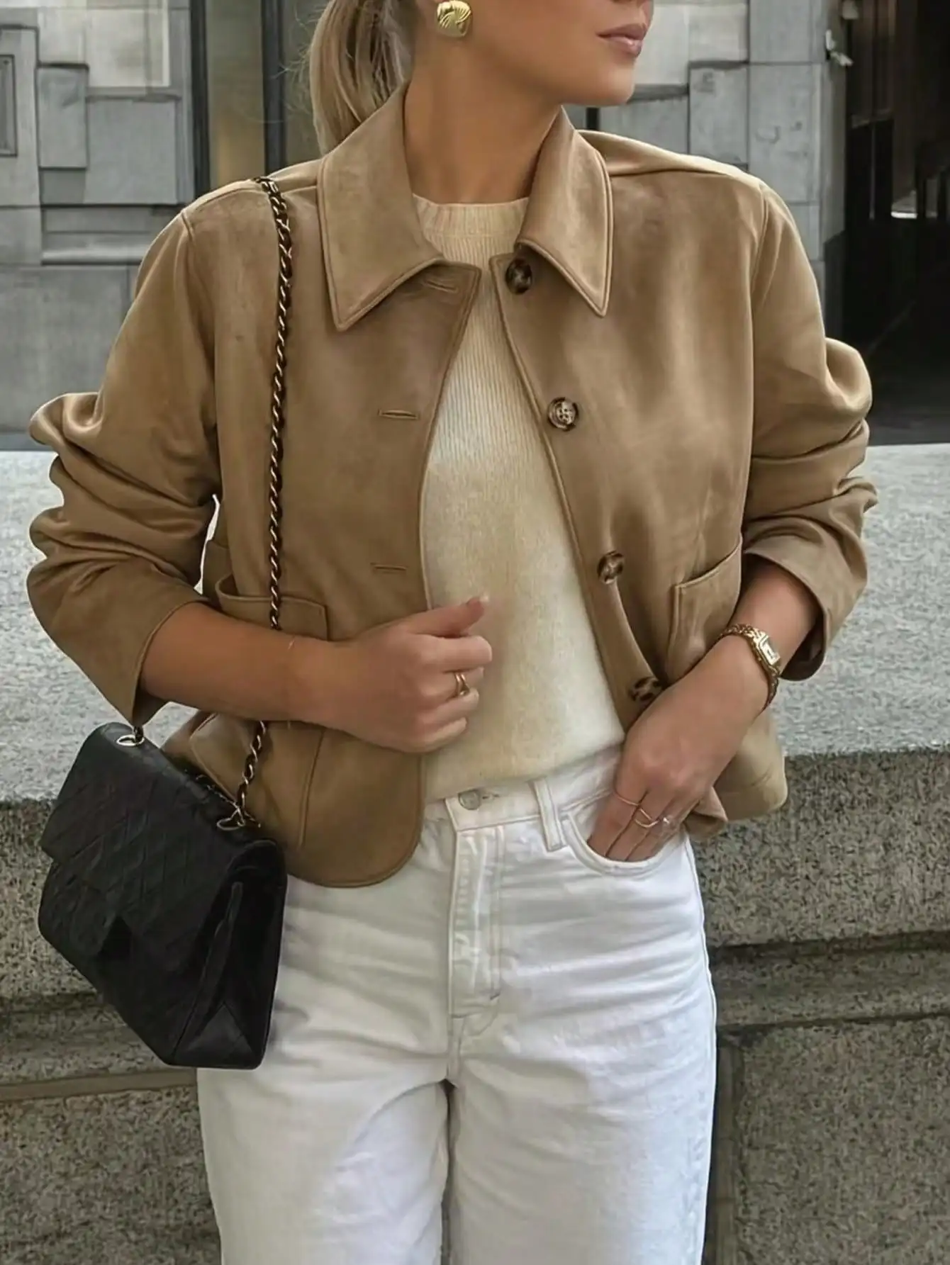 

Women's Suede Lapel Single-Breasted Short Jacket, Casual Street Chic Style for Autumn