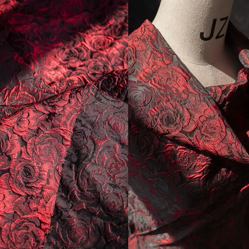 Wine Red Jacquard Fabric Rose Flowers Wide Chinese Style Dress Qipao Jacket Creative Clothing Designer Fabric