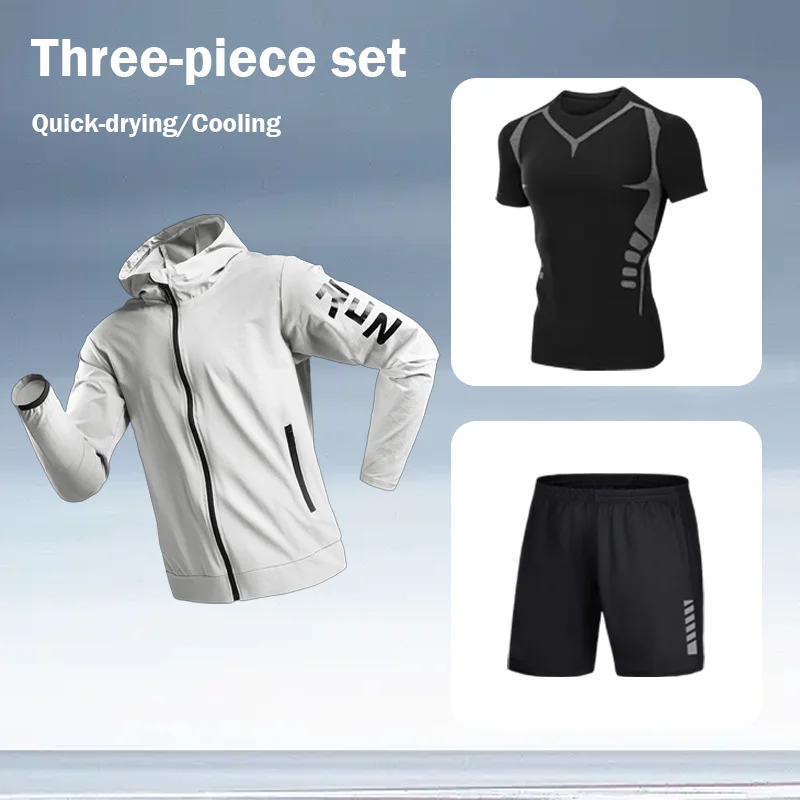 Men’s Running Sportswear Three-Piece Set Spring Summer Dry Long Sleeve Professional Outdoor Training Climbing Fitness Clothes