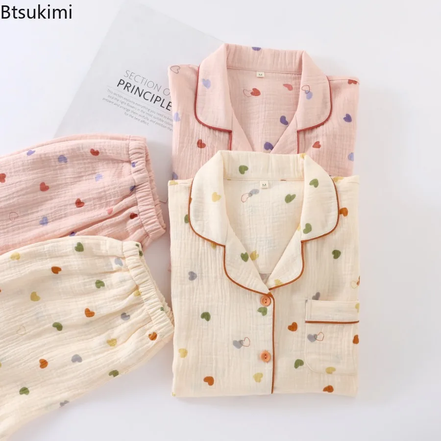 2025Women's Casual Soft Pajamas Set Heart Printed Cotton Turn-down Collar Long Sleeve Tops and Pant Sets for Sleepwear Household