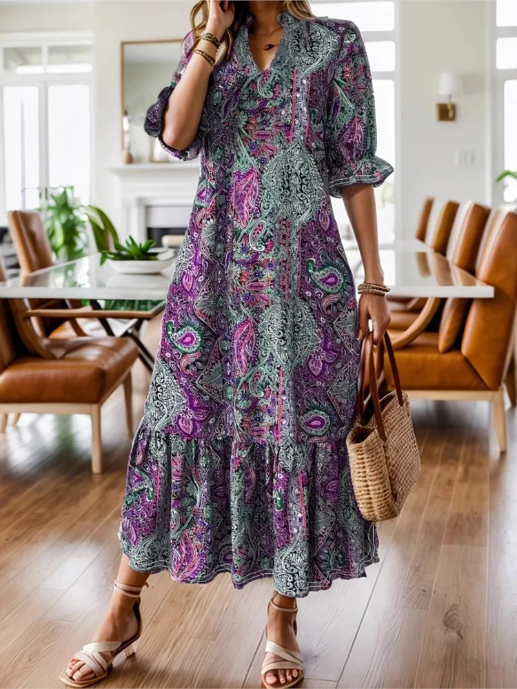 Summer New Boho Pring Dress 2025 Elegant V-neck Short Sleeve Long Dresses Loose Ethnic Style Big Swing Vacation Dress Robe Femme