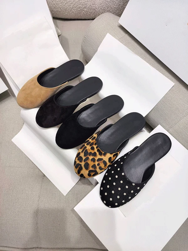 Dave&di Summer Women's Shoes Minimalist Suede Leopard Polka Dot Shoes Genuine Leather Flat Mules Shoes For Woman Retro Slippers