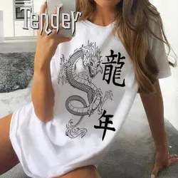 Dragon Printing Oversized T Shirts Summer Women Clothing Chinese New Year 2024 Short Sleeves Tshirt Casual Loose Female Tshirt