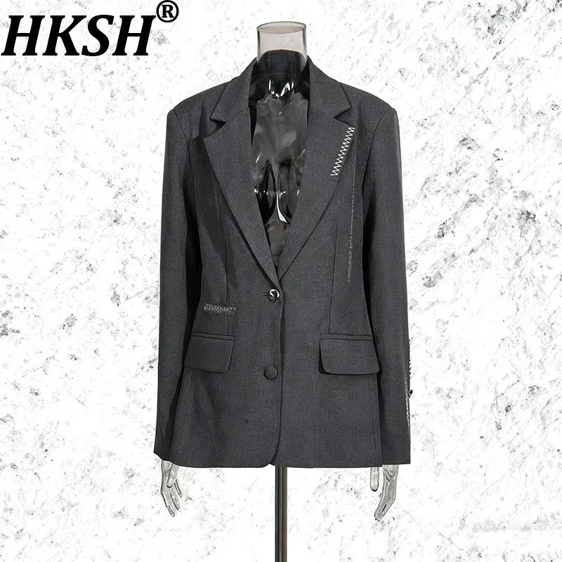 

HKSH Spring Autumn New Women's Blazer Notched Collar Single Breasted Asymmetric Embroidery Pockets Elegant Casual Jacket HK15194