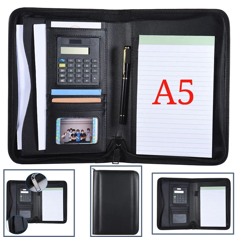 A5 Business Portfolio Padfolio Folder Document Case Organizer A5 PU Leather Zippered Closure Calculator Card Holder Memo