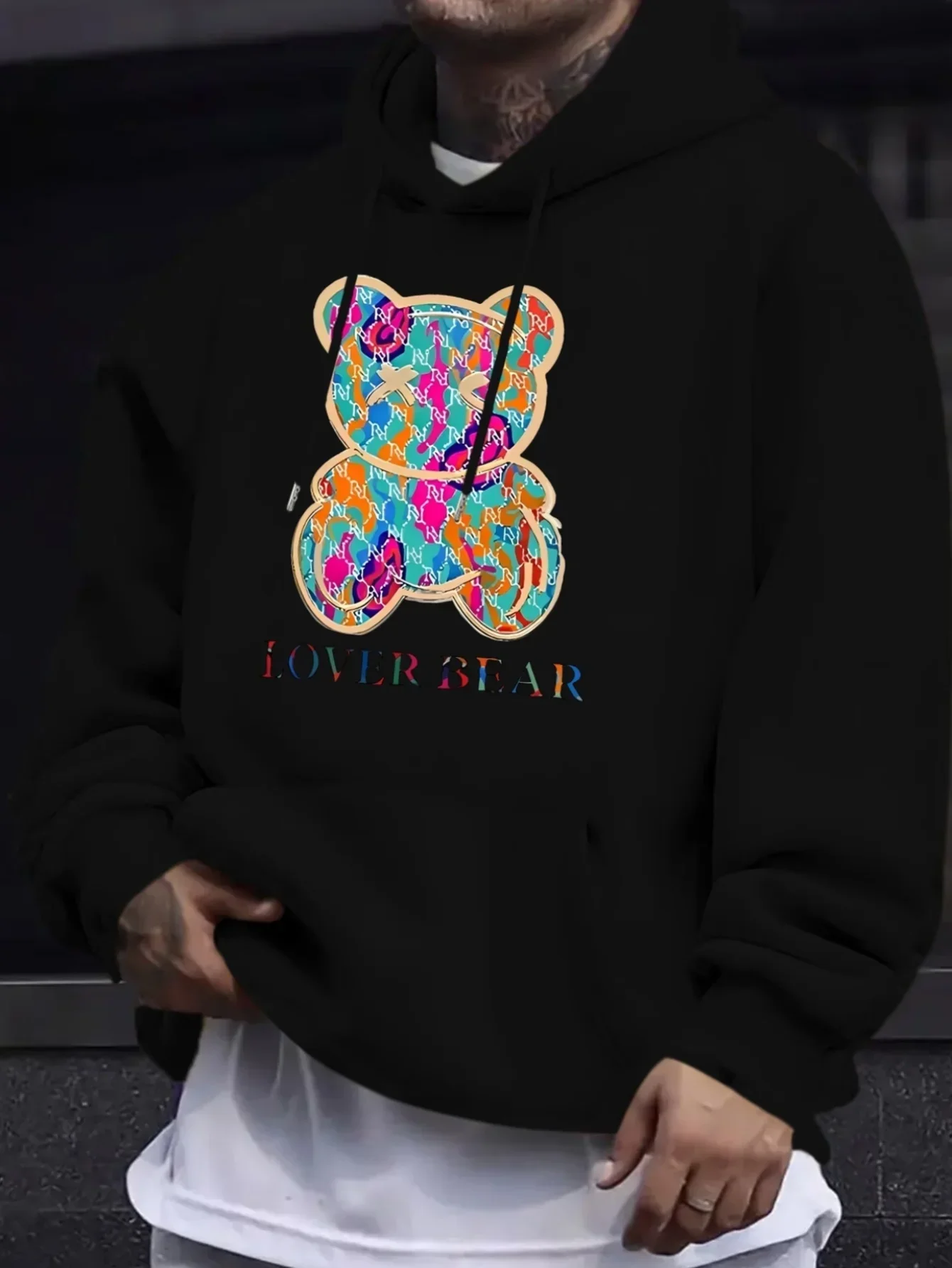 Hip‑Hop Graffiti Style Bear Hoodie Lover Bear Letter Print Pullover Unisex Oversized Fleece Hoodie Fall Winter