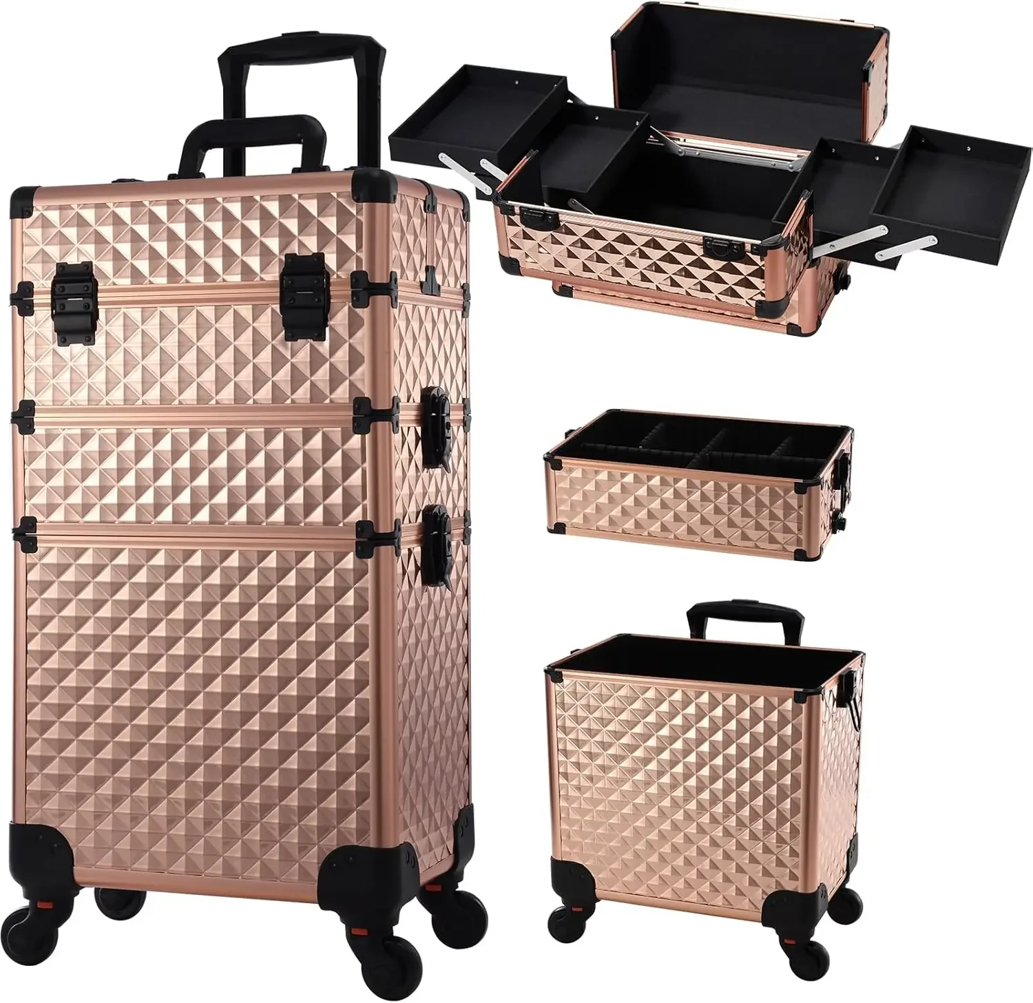 Rollende make-upkoffer 3-in-1 verwijderbare make-upkoffer Cosmetologiekoffer op wielen Afsluitbare make-uptrolley met grote capaciteit voor salon