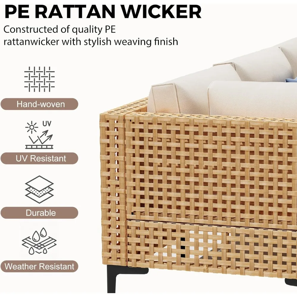 5-teiliges Terrassenmöbel-Set für den Außenbereich, freie Kombination, Outdoor-Couch mit dickem Kissen, wetterfestes Terrassenmöbel aus Korbgeflecht
