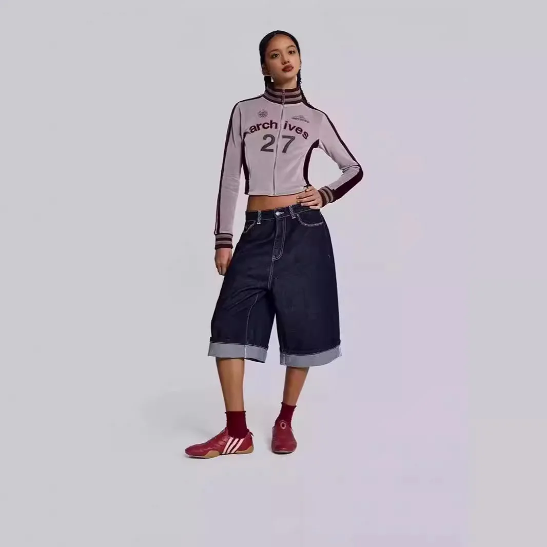 Jaded London Dames Geborduurde Wijde Pijpen Jeans Veelzijdig Gedrukt Capri Orts Casual Comfortabele Denim Broek Zomer 2024