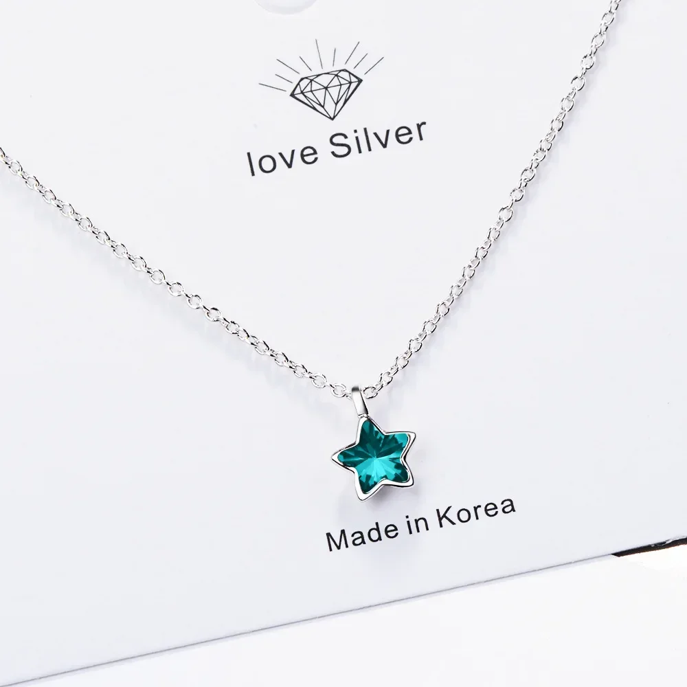 

925 Sterling Silver Blue Star Crystal Pendants Necklaces For Women Luxury Quality Jewelry Gift Female Free Shipping