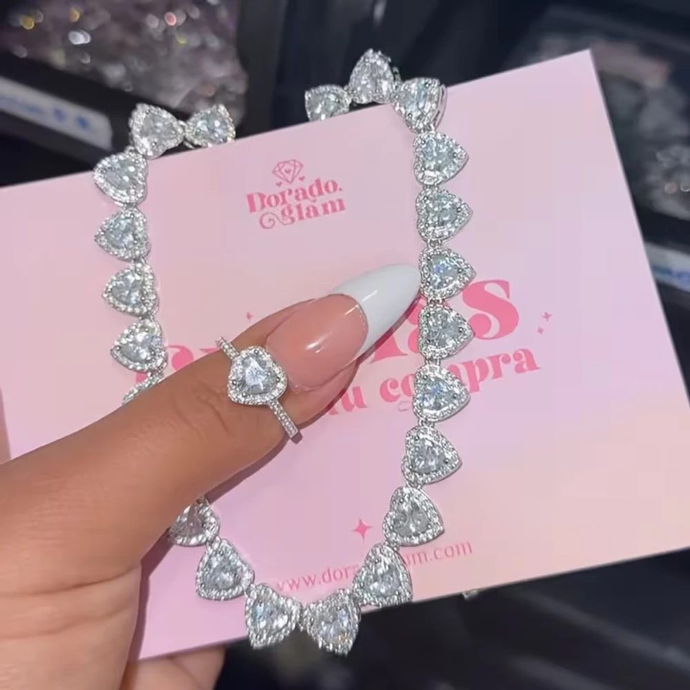 ZAKOL 2-teiliges Set Rosa-Weißes Herzförmiges Strass-Halsketten-Ring-Set Glänzender Zirkon Süßer Romantischer Schmuck Geschenk für Frauen Mädchen – Detail 2