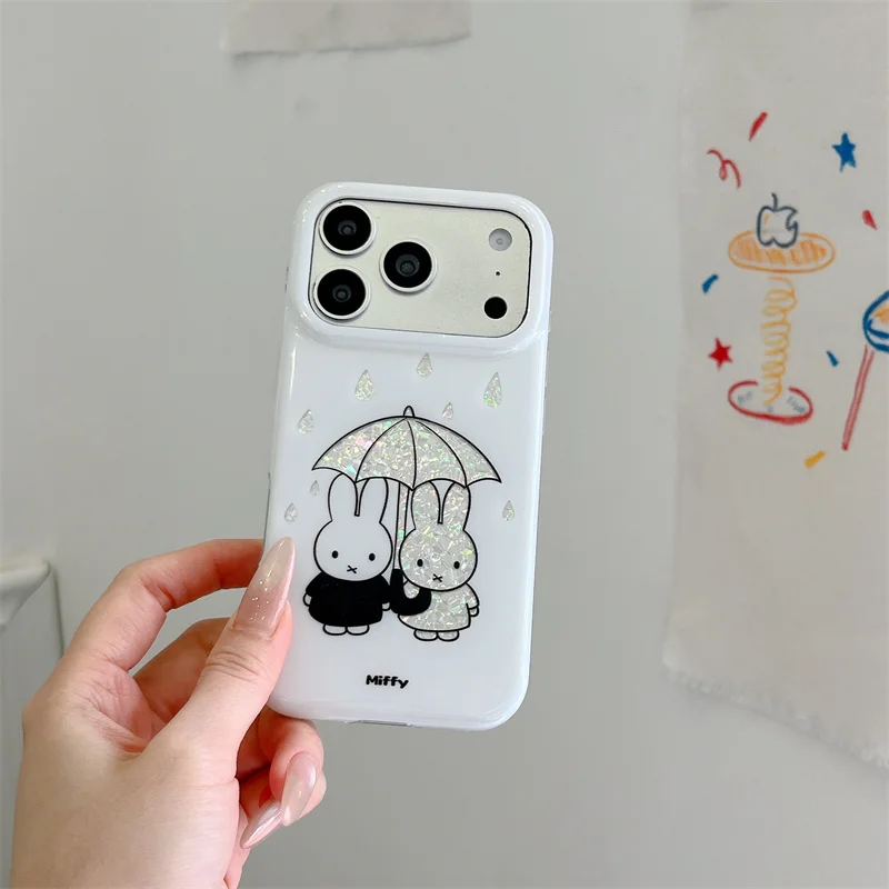 

Phone case For iPhone 15 16 17 Pro Max Cute Miffy Rabbit Umbrella Glitter Clear Shockproof Cover For Apple Luxury Slim Couple