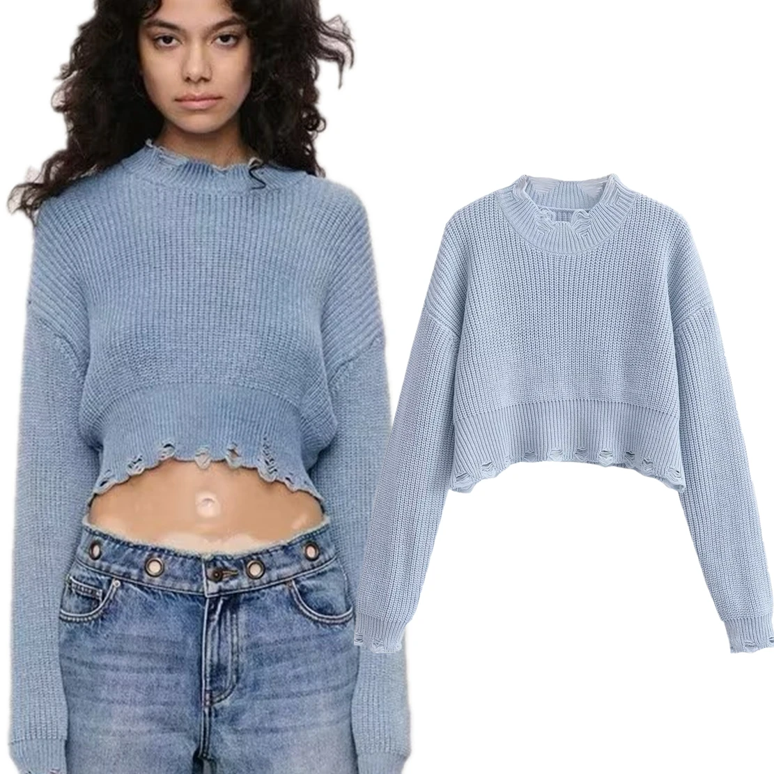 

Withered Fashion Gilrs French Lazy Wind Hole Retro Pullover Sweater Sky Blue Casual Knitwear Women