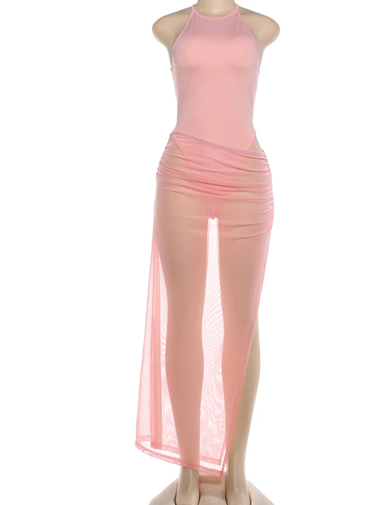 Kliou Sexy Fashion 2 Piece Set Woman o-Neck Sleeveless Skinny Bodysuits+Mesh High Splits Long Skirts Beach Party Style Outfits view 6