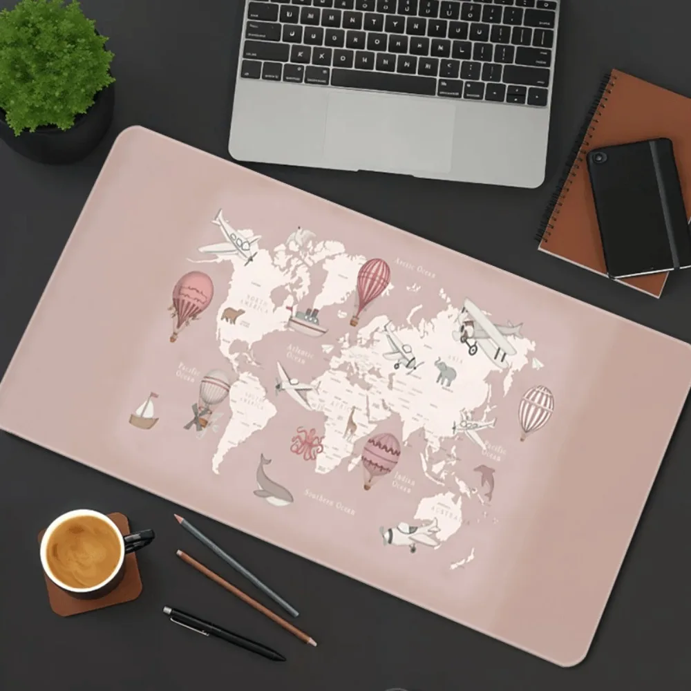 CIFBUY Large Mouse Pad Rubber Non Slip Gaming Desk Mat Pink World Map Travel Airplane Balloon Office Laptop Protector Accessory