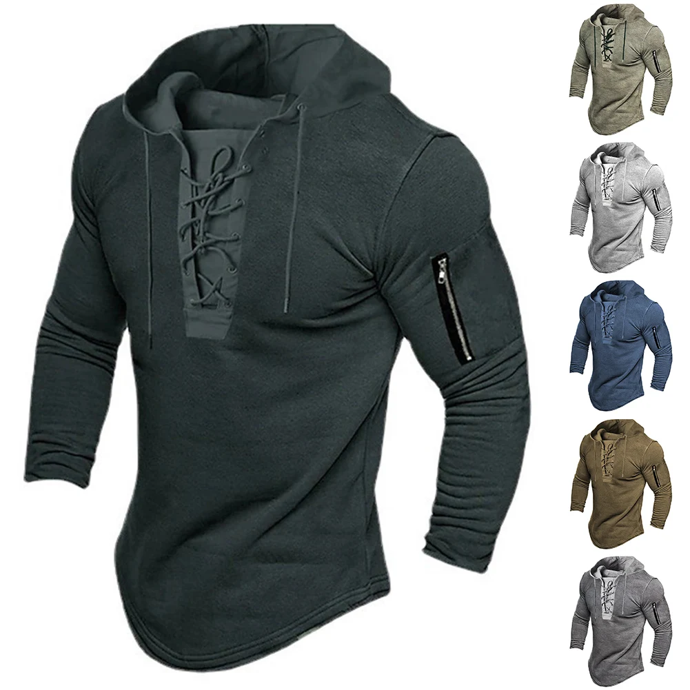 

Men Pullover Sweatshirt Solid Color LaceUp Casual Zip Comfortable Casual Vacation Sports Hoodie Slight Strech