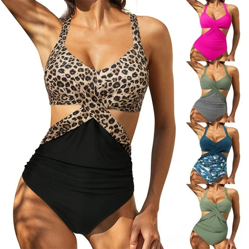 

Leopard Print Patchwork Bathing Suit Women Cross Hollow Out V Neck One Piece Swimsuit 2025 New Vacation Swimwear Bodysuit Bikini