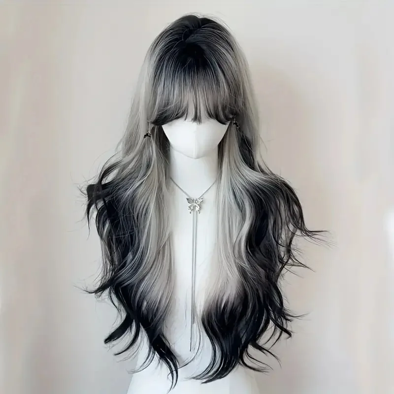 

Длинный волнистый черный, белый цвет, синтетический парик с эффектом омбре, естественная волна, костюм для косплея, волосы для женщин, термостойкое волокно, парик на всю голову
