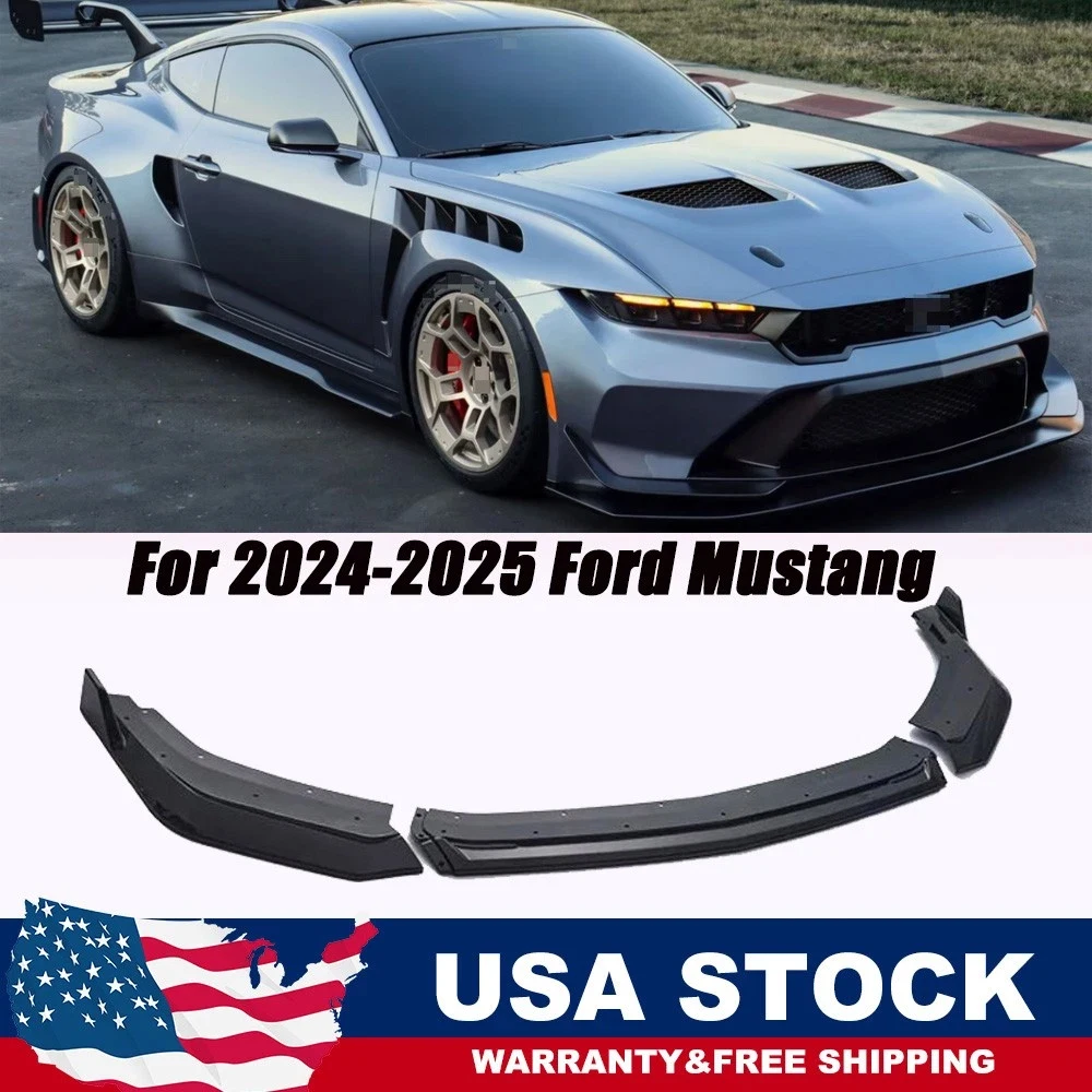 

3 шт., новый качественный передний бампер автомобиля, полипропиленовый сплиттер, глянцевый черный для Ford Mustang 2024-2025, передний бампер автомобиля