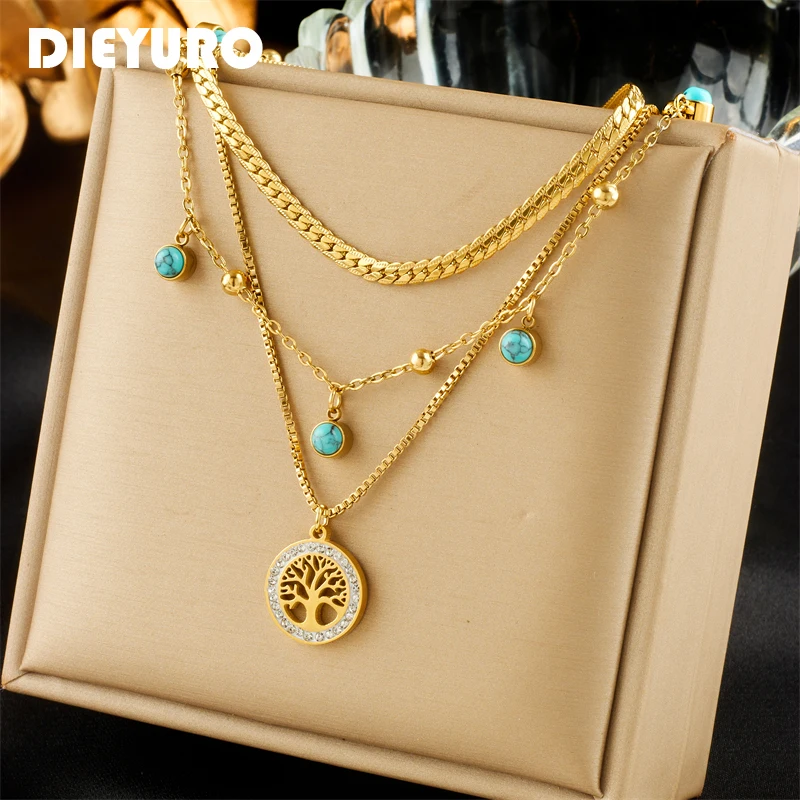 DIEYURO 316L Stainless Steel Round Tree Pendant Necklace For Women Girl New Trend 3in1 Clavicle Chains Waterproof Jewelry Gift