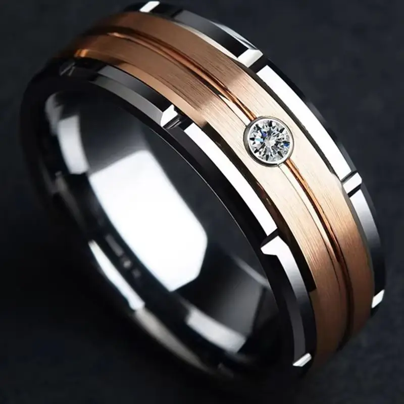 Men's 8mm Double Groove Beveled Stainless Steel Ring Rose Gold Brushed Inlay AAA Zircon Fashion Charm Jewelry Gift