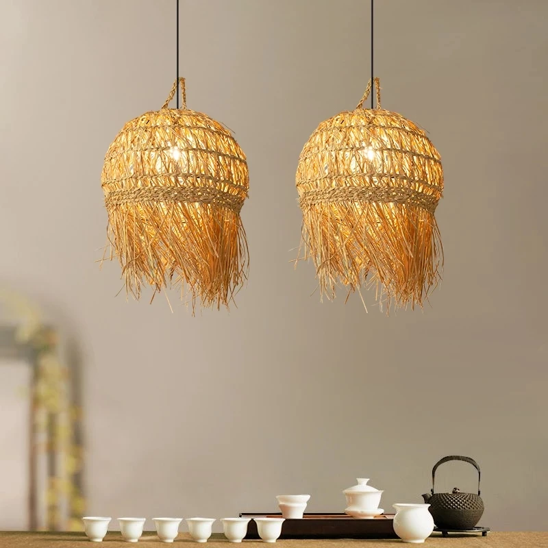 LED Bamboo Tassel INS lustre pendant Light Natural Rattan Handmade Retro restaurant room decor rural tea room straw Chandelier