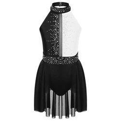 Child Girls Lyrical Dance Dress Ballet Figure Skating Gymnastics Stage Performance Costume Sleeveless Shiny Rhinestone Leotard