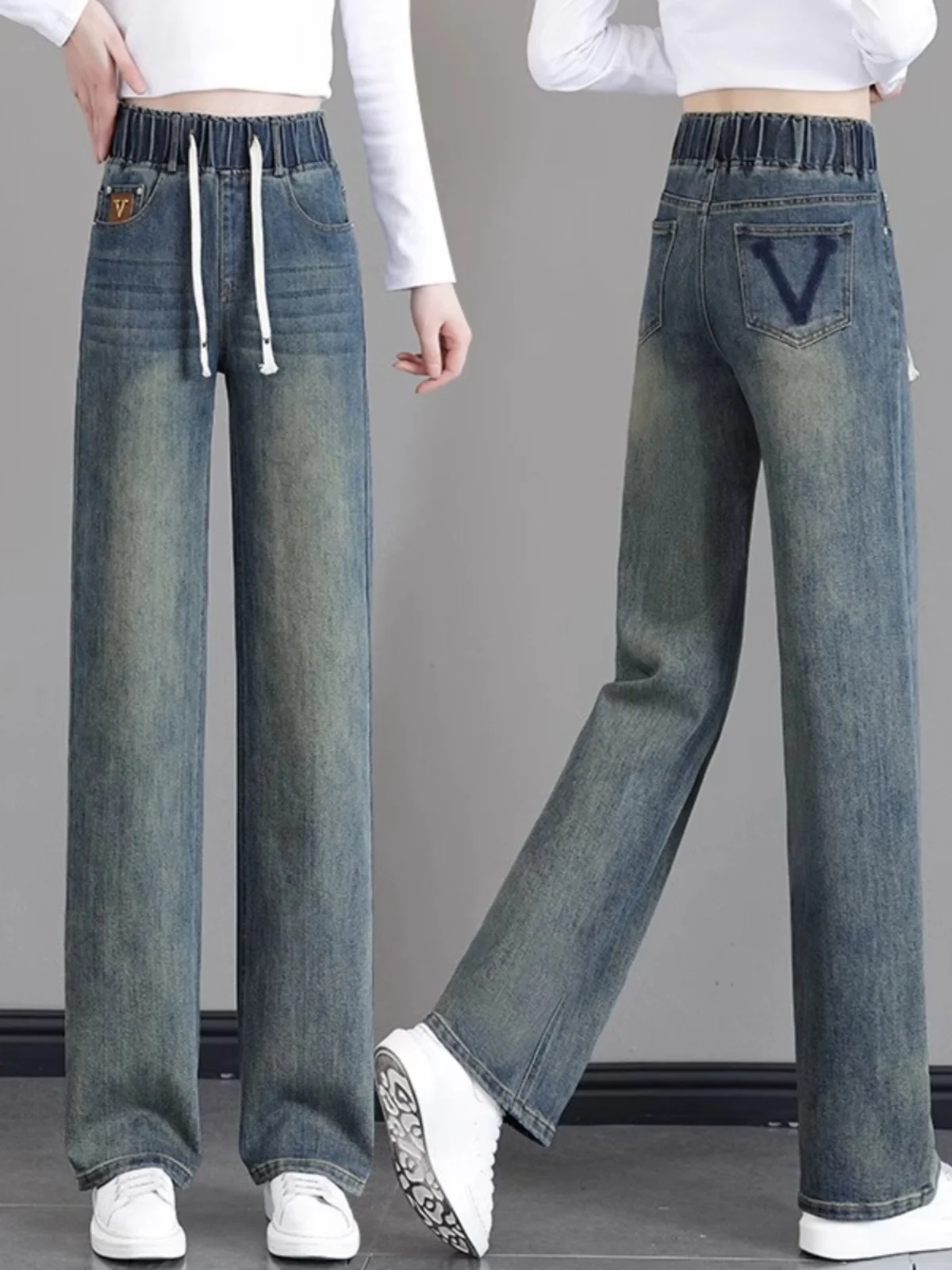 

Light Wa Wide Leg Loose Fit Straight Cut Women's Jeans Dstring Waist Casual Trousers Spring 2024 New Sle Cotton Stretc...