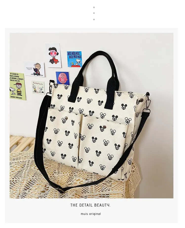 High Capacity Canvas Handbags Female Students Mickey Full Print Simple Casual All-match Cartoon Trend Messenger Bags With Zipper