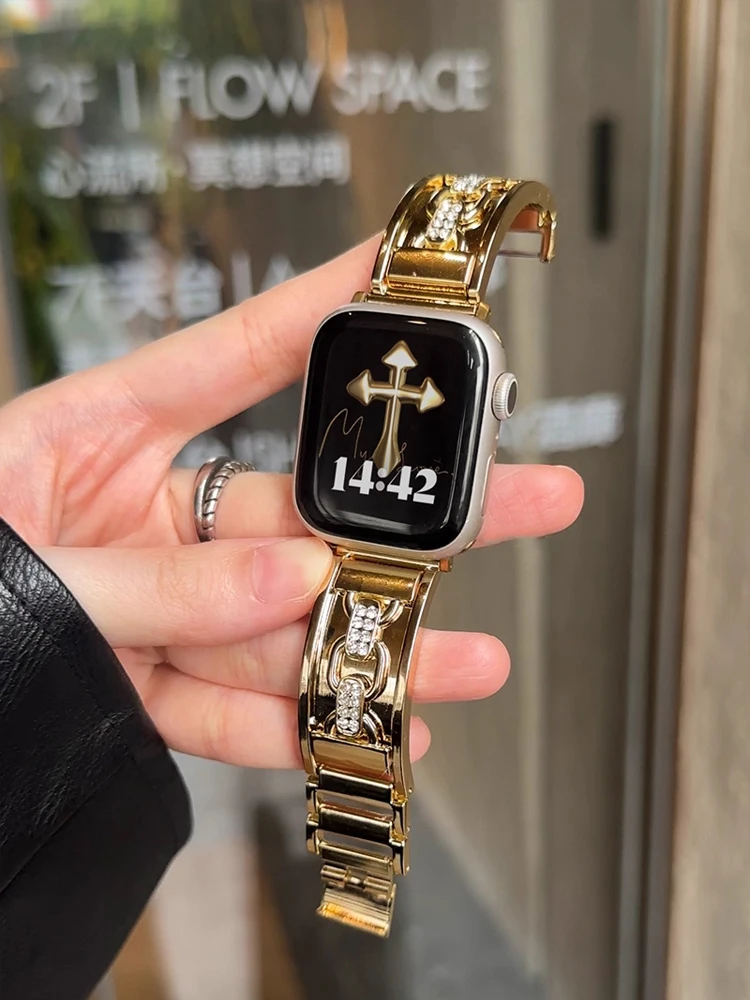 Glossy Metal Band For Apple Watch Ultra 10 9 8 7 6 5 4 Woman Diamond Bracelet Strap For iWatch 38 40mm 41mm 42mm 45mm 46mm 49mm