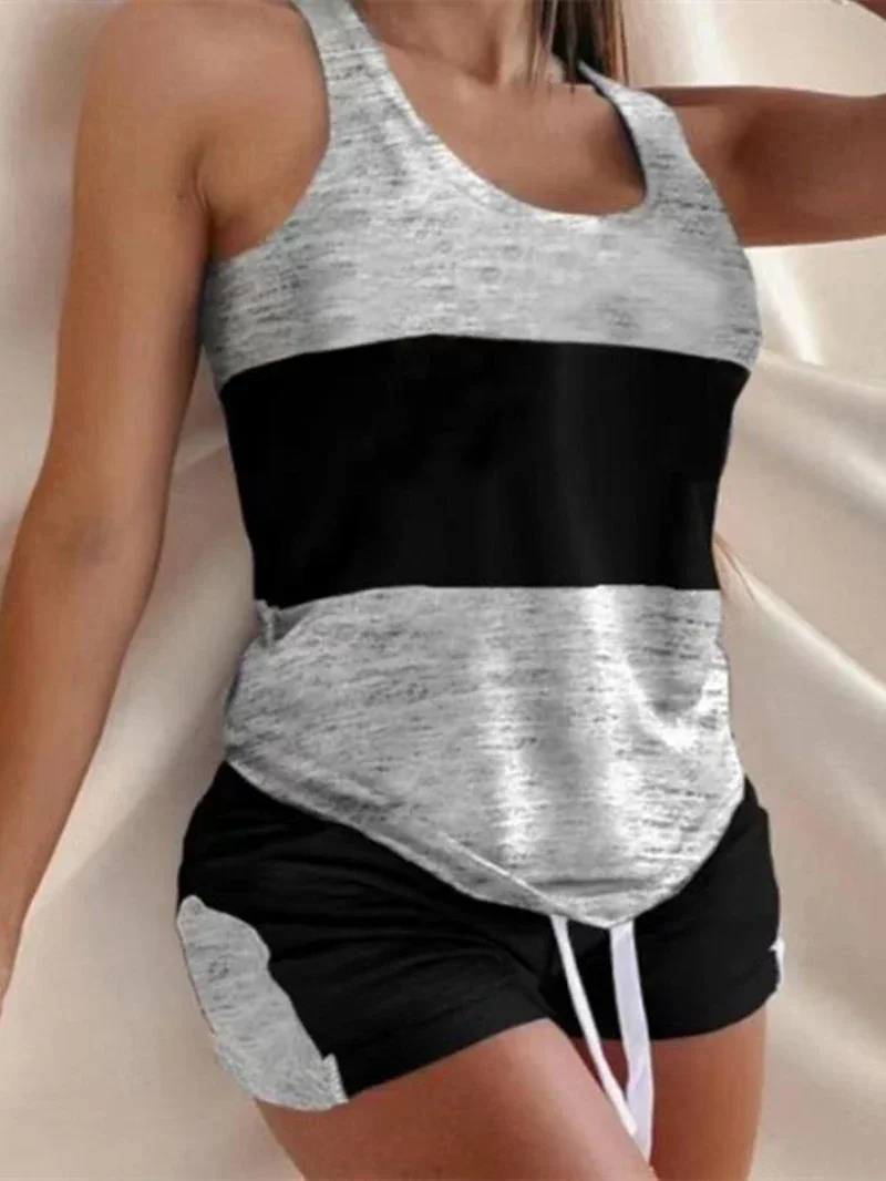 Two Piece Shorts Sets Women Tracksuit Summer Clothes Colorblock Letter Print Tank Top Shorts Suits Casual 2PCS Woman Set Outfits