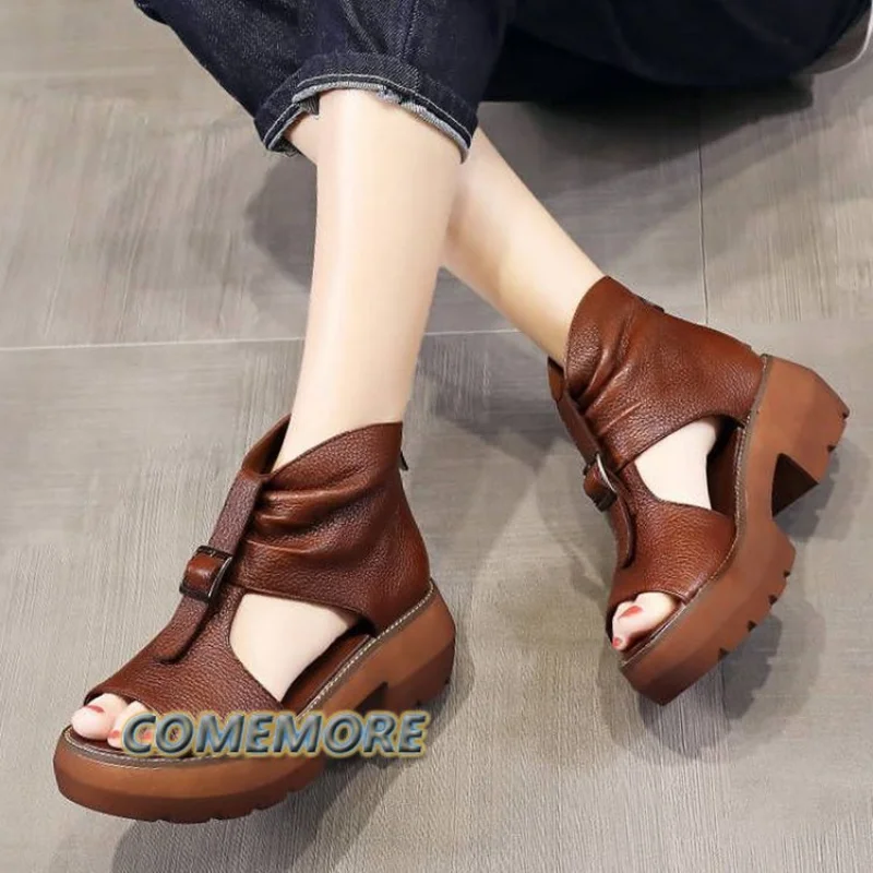 2023 New Fashion Ladies Sandals Wedges Pu Open Toe Summer Fashion Female Gladiator Solid Color Sandals Platform Shoes for Women