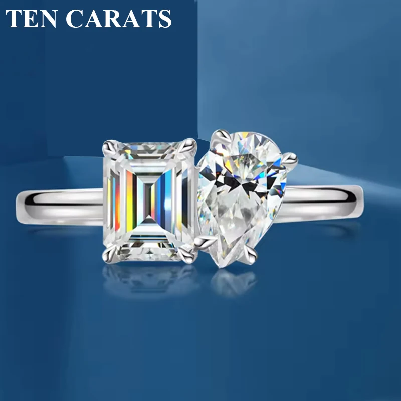 

TEN CARATS 1-4CT Moissanite Ring 925 Sterling Silver Two Stone Design Pear and Emerald Cut Engagement Jewelry for Women Gift
