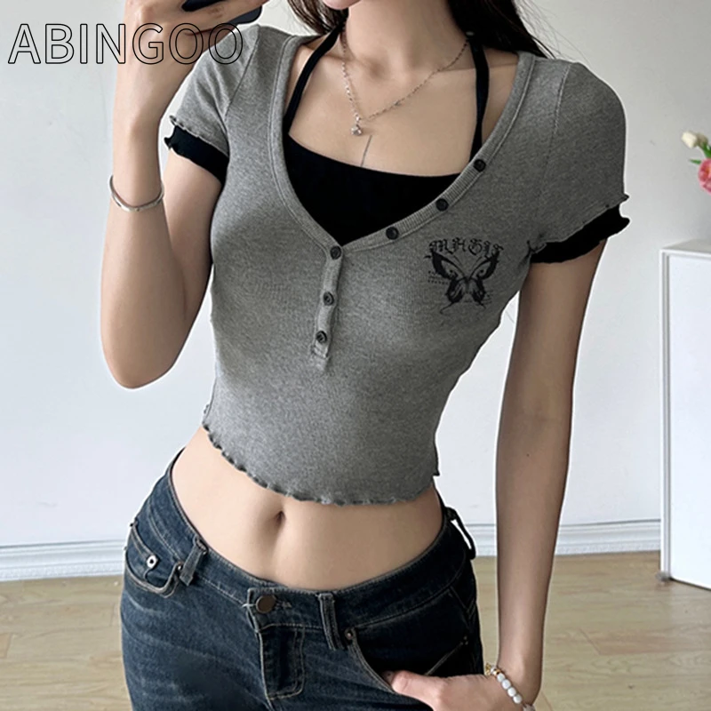 

ABINGOO Casual Patchwork Contrast Color Cropped T Shirt Basic Halter V-Neck Short Sleeve Tees Women 2024 Summer Fashion Ladies