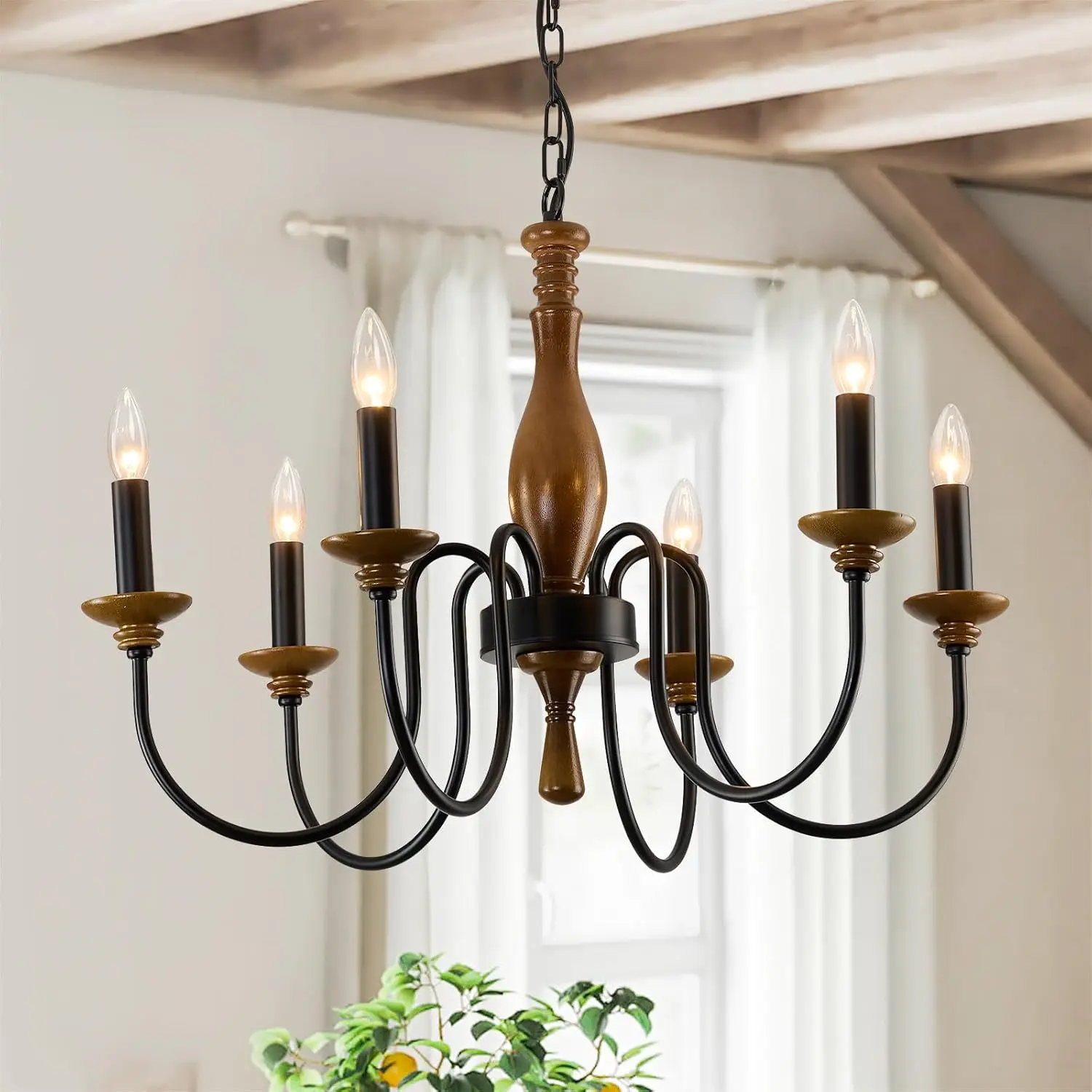 

Деревянная люстра в деревенском стиле с 6 подсветками-свечами, регулируемый подвесной светильник для столовой, кухни, гостиной