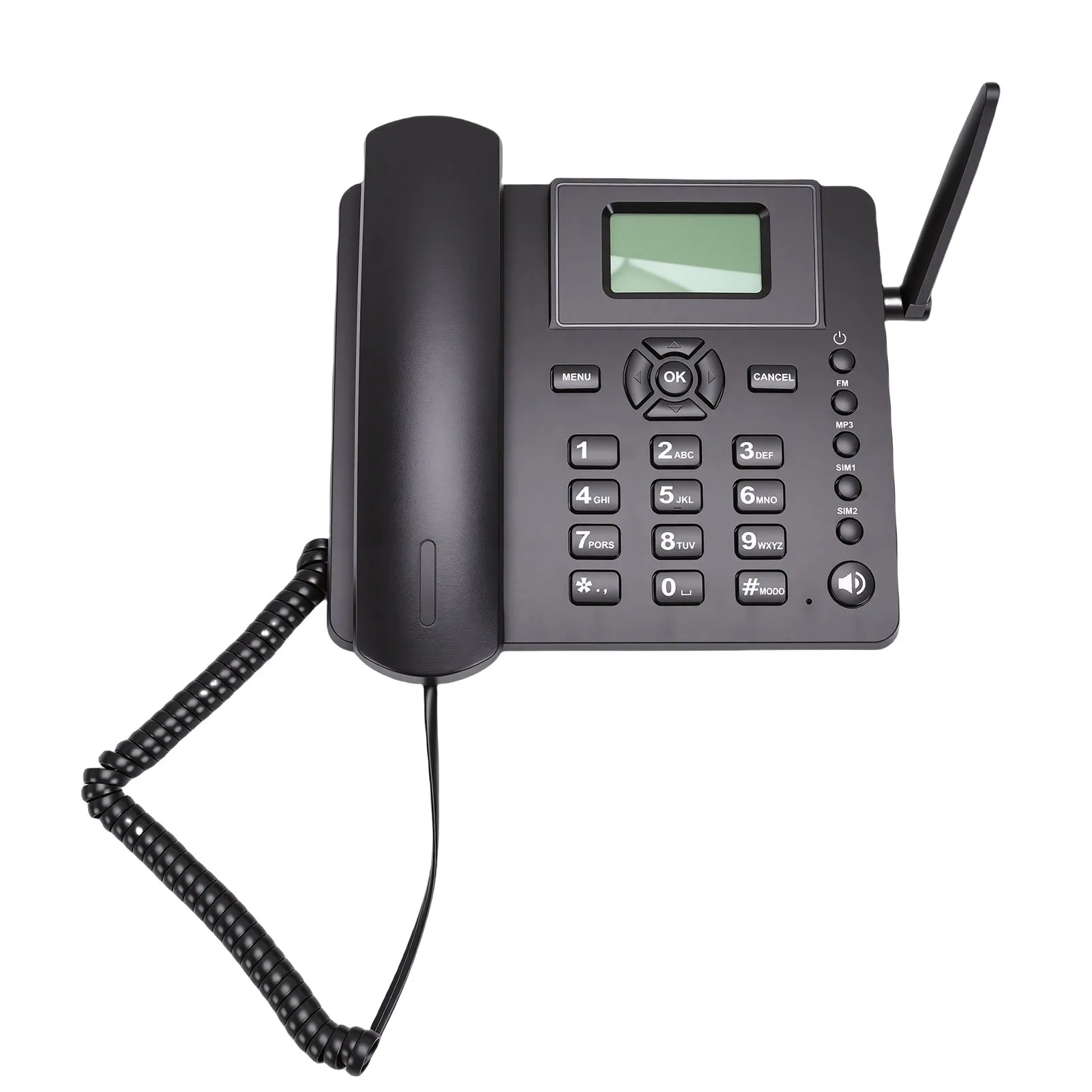Wireless desk phone, wireless GSM phone, dual-SIM 2G cordless landline phone with antenna, radio, and alarm clock functions