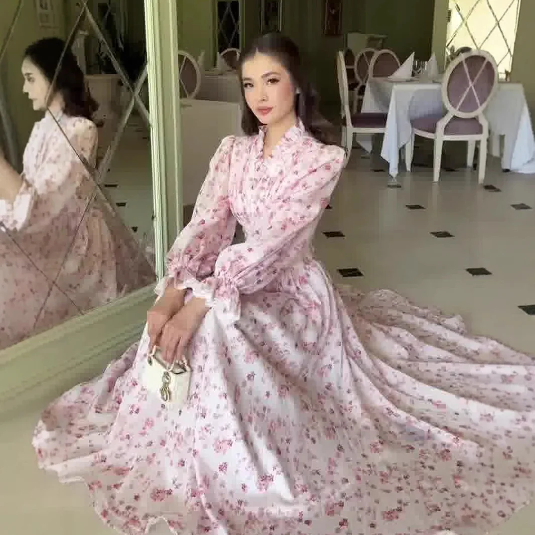 Ele Floral Print Maxi Dr Slim Fit Long Sve mid Waist Cotton Polyester Knitted High Waist Spring New Arrival