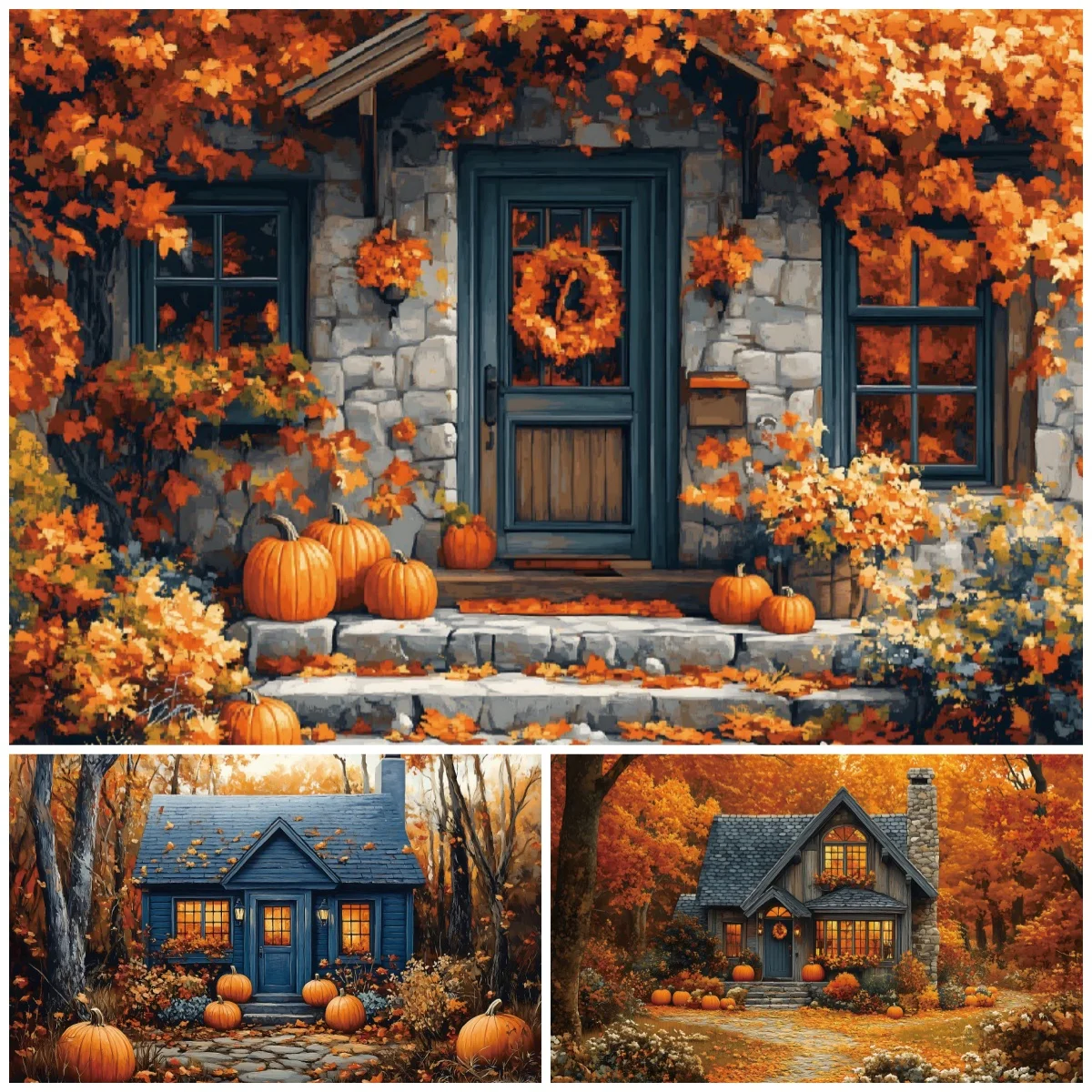 Autumn House Backgrounds For Photography Pumpkin Fall Leaves Garland Cozy Cottage Theme Festivial Portrait Backdrop Studio Props