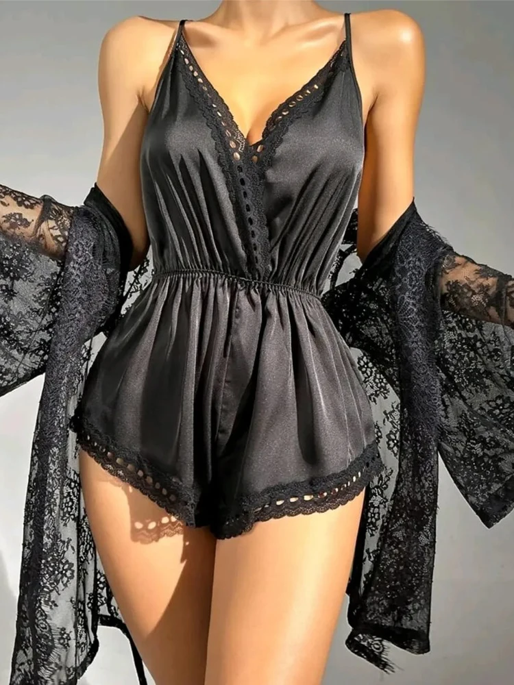 Sleepwear woman Crisscross Backless Sleep Onesie With Lace Robe