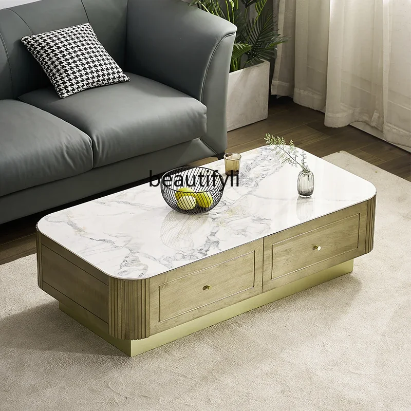 Solid Wood Light Luxury Coffee   Living Room   Maple Stone Plate Tea   Modern Simple Tea Table Drawer Coffee Table