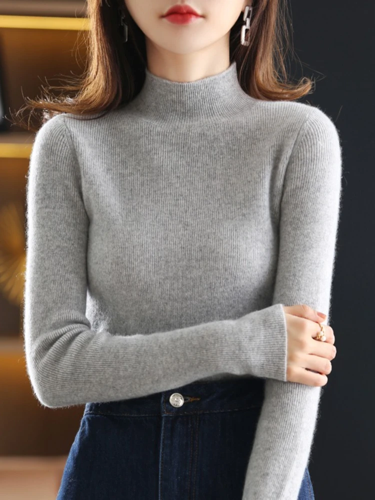 Outono inverno nova camisola de caxemira pulôveres de gola alta feminino casual malha sólida topos moda coreana blusas de fundo quente