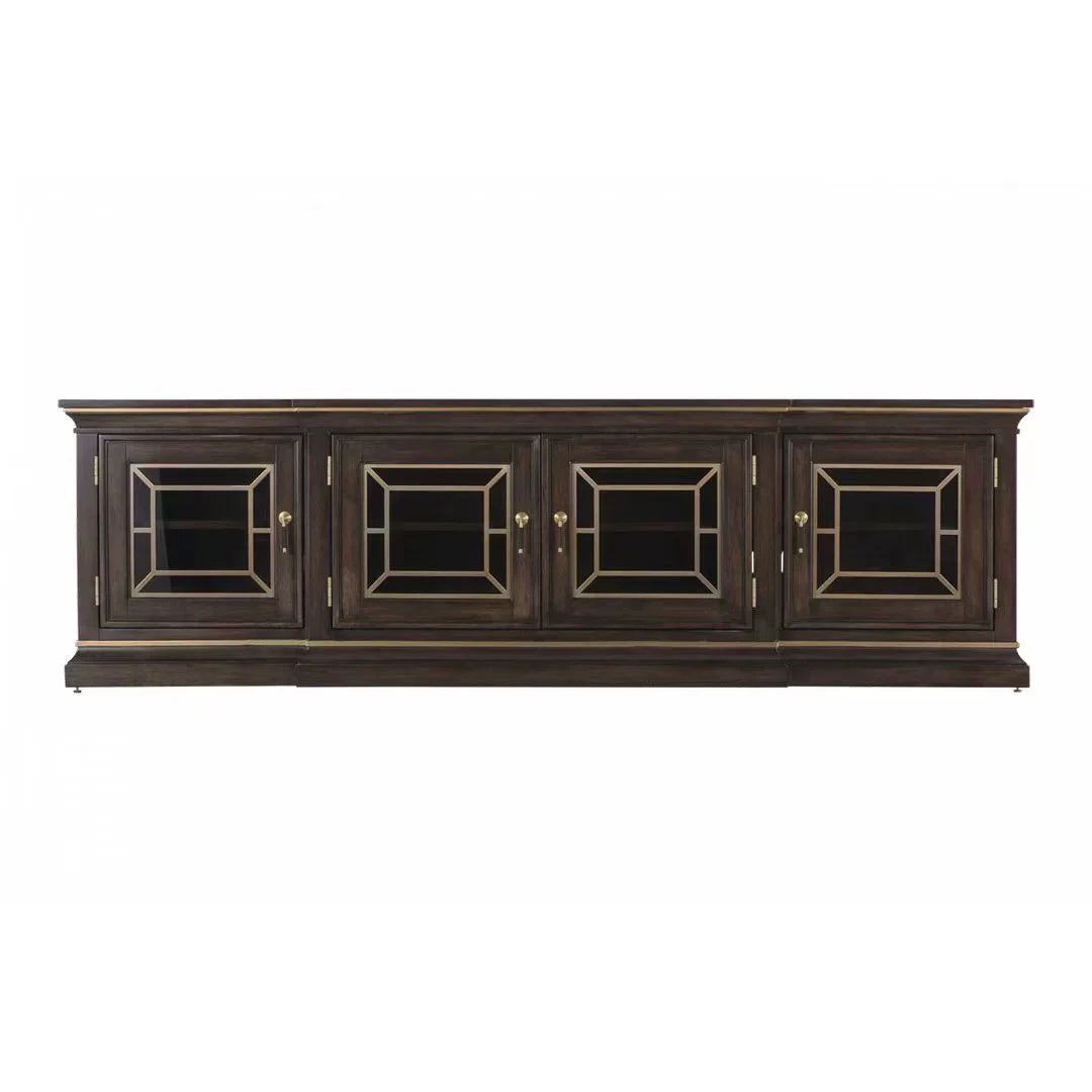 

American light luxury solid wood TV cabinet French retro living room modern glass storage cabinet